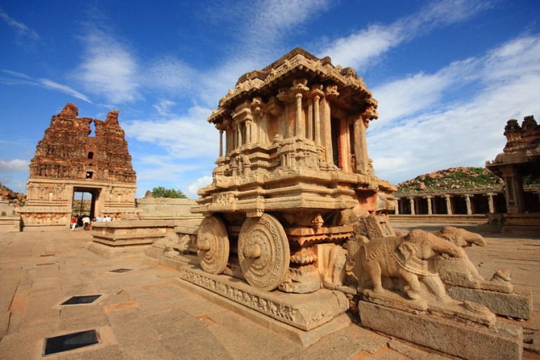 Historic ruins of Hampi in Karnataka, showcasing UNESCO World Heritage stone temples, carved architecture, and rocky landscapes under a clear sky.