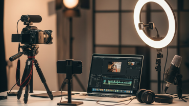A well-organized and cozy vlogging setup on a modern desk, featuring a DSLR camera on a tripod, a smartphone holder, a ring light, an external microphone, a laptop with video editing software open, and headphones. Soft, warm studio lighting is visible in the background, creating an inviting atmosphere ideal for beginner vloggers.