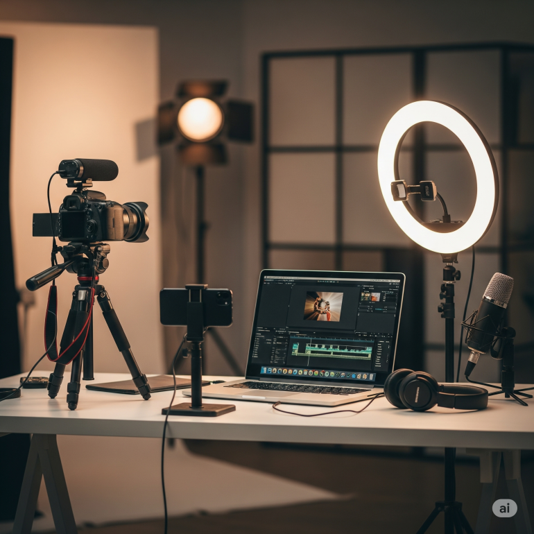 A well-organized and cozy vlogging setup on a modern desk, featuring a DSLR camera on a tripod, a smartphone holder, a ring light, an external microphone, a laptop with video editing software open, and headphones. Soft, warm studio lighting is visible in the background, creating an inviting atmosphere ideal for beginner vloggers.