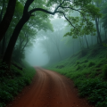 Misty forest trail in Matheran during monsoon with a red mud path surrounded by dense green trees and fog.
