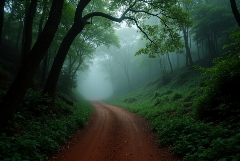 Misty forest trail in Matheran during monsoon with a red mud path surrounded by dense green trees and fog.