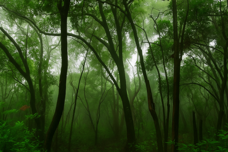 Dense misty forest trail of Andharban Trek in Maharashtra during monsoon season