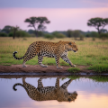 A leopard walking beside a waterhole with its reflection visible in the water during sunset.