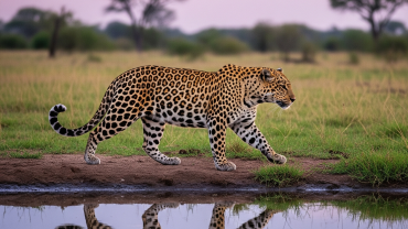 A leopard walking beside a waterhole with its reflection visible in the water during sunset.