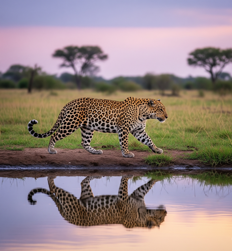 A leopard walking beside a waterhole with its reflection visible in the water during sunset.