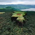 Aerial view of Kamalgad Fort covered in dense forest with scenic backdrop of Dhom Dam and Sahyadri hills during monsoon