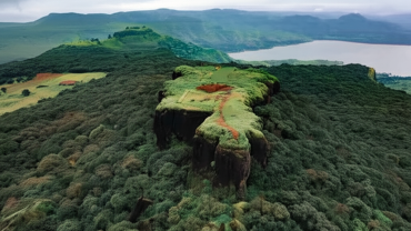 Aerial view of Kamalgad Fort covered in dense forest with scenic backdrop of Dhom Dam and Sahyadri hills during monsoon