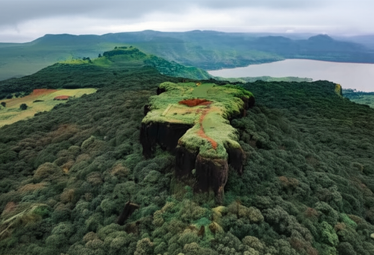 Aerial view of Kamalgad Fort covered in dense forest with scenic backdrop of Dhom Dam and Sahyadri hills during monsoon