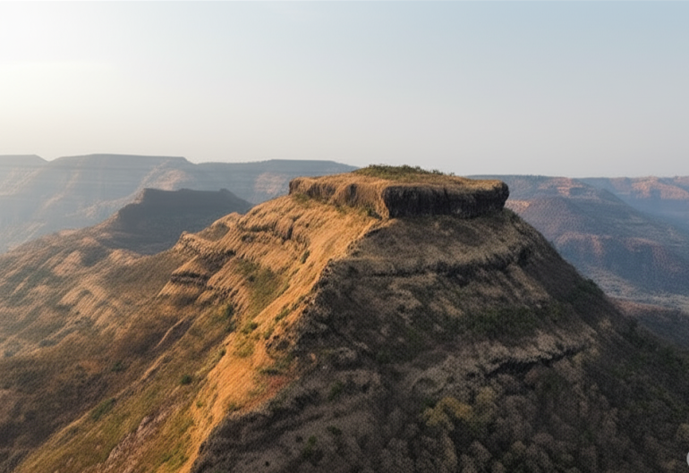 Aerial view of Pandavgad Fort with its flat plateau structure and surrounding Sahyadri ranges