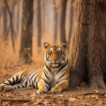 A majestic Bengal tiger resting at the base of a large tree in a dry deciduous forest.