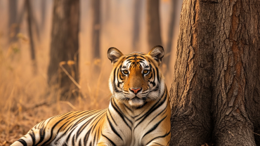 A majestic Bengal tiger resting at the base of a large tree in a dry deciduous forest.