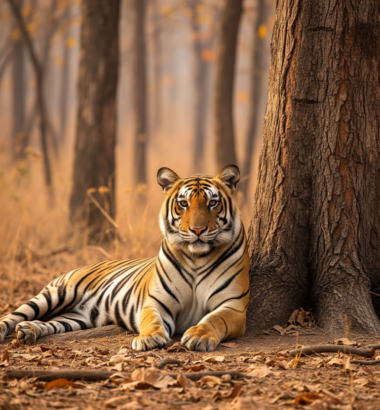 A majestic Bengal tiger resting at the base of a large tree in a dry deciduous forest.