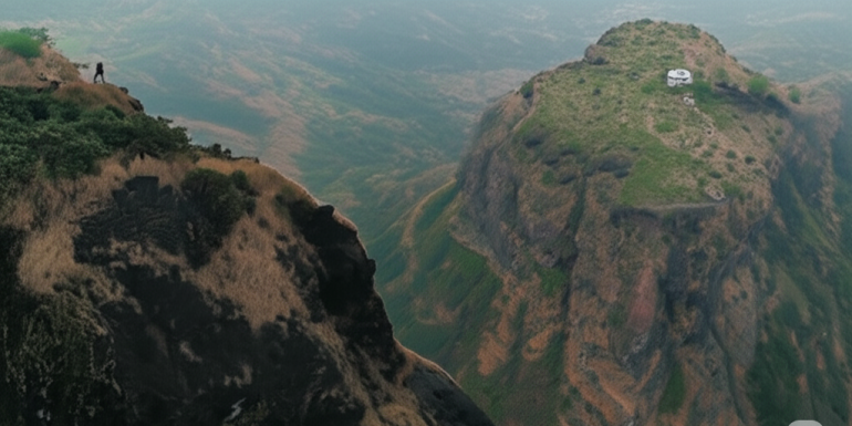 Scenic aerial view of two rocky cliffs at Kavnai Fort in Igatpuri, Maharashtra with a lone trekker and a small temple structure on the hilltop