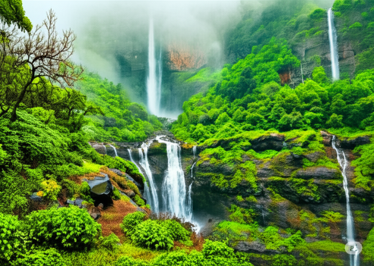 A vibrant, high-contrast image of Nanemachi Waterfall surrounded by bright green foliage, rocky cliffs, and misty hills in Maharashtra's Western Ghats.