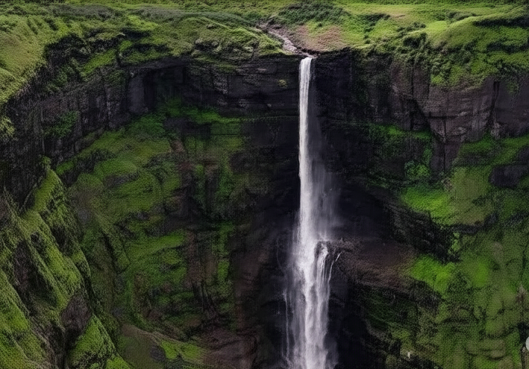 Aerial view of Kalu Waterfall cascading down steep green cliffs in Malshej Ghat, Maharashtra during monsoon.