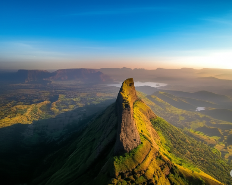 Aerial view of Nhavigad Fort with steep cliffs and lush green valleys under a clear blue and golden sky.
