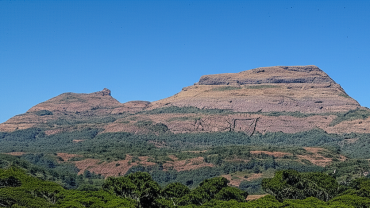 Nimgiri Fort in Junnar, Maharashtra with clear blue sky and layered rocky cliffs surrounded by green forest.