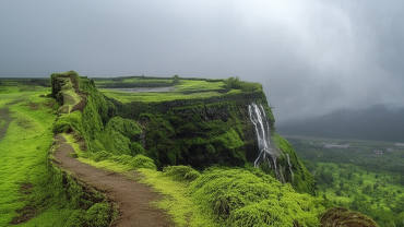 Korigad Fort covered in lush green moss with waterfall flowing down the cliff during monsoon near Lonavala, Maharashtra