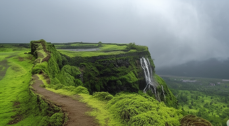 Korigad Fort covered in lush green moss with waterfall flowing down the cliff during monsoon near Lonavala, Maharashtra