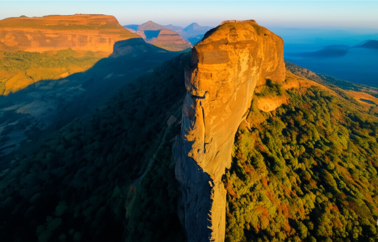 Aerial view of Harihar Fort in Maharashtra with vertical rock-cut steps and surrounding green hills during sunrise.