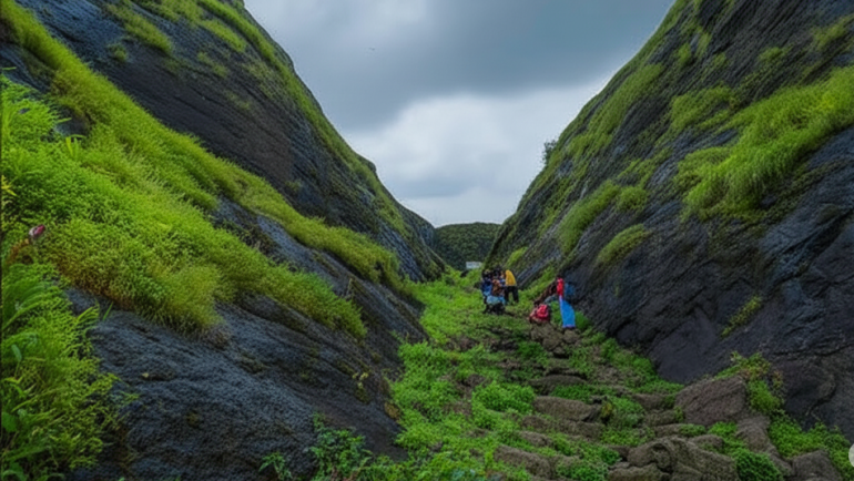 Trekker group climbing stone steps through lush green rock passage at Hadsar Fort in monsoon, Junnar Maharashtra