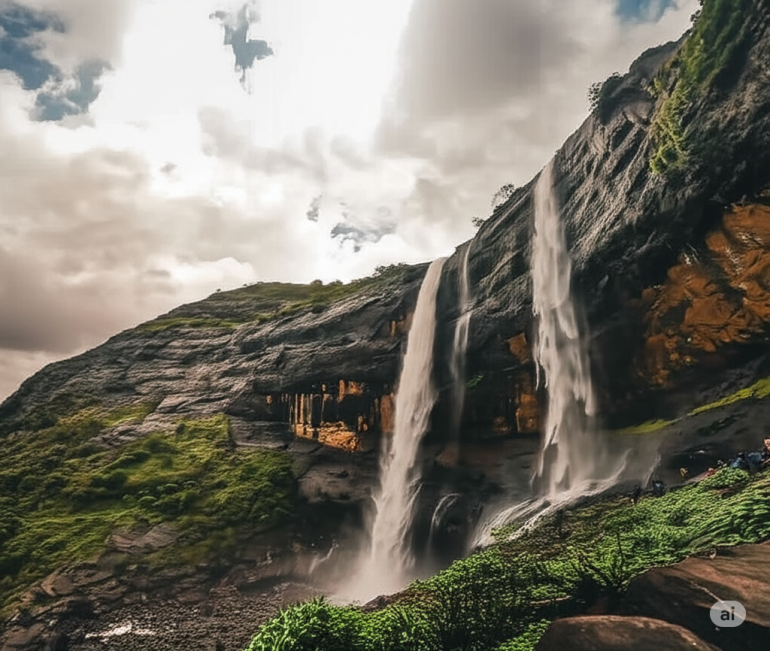 Stunning view of Kataldhar Waterfall cascading down a rocky cliff amidst lush green surroundings in Lonavala during the monsoon.