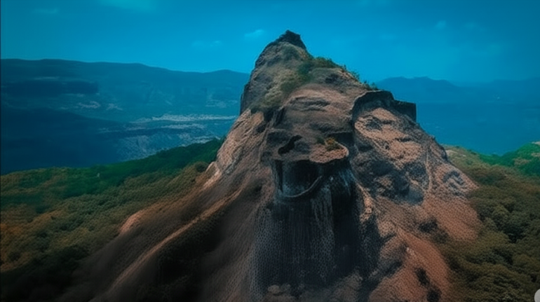 Aerial view of Rajmachi Fort in the Sahyadri hills surrounded by dense forest and scenic mountain ranges.