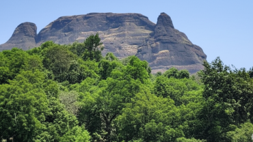 Manikgad Fort view from base village surrounded by lush green forest in Sahyadri range, Raigad district